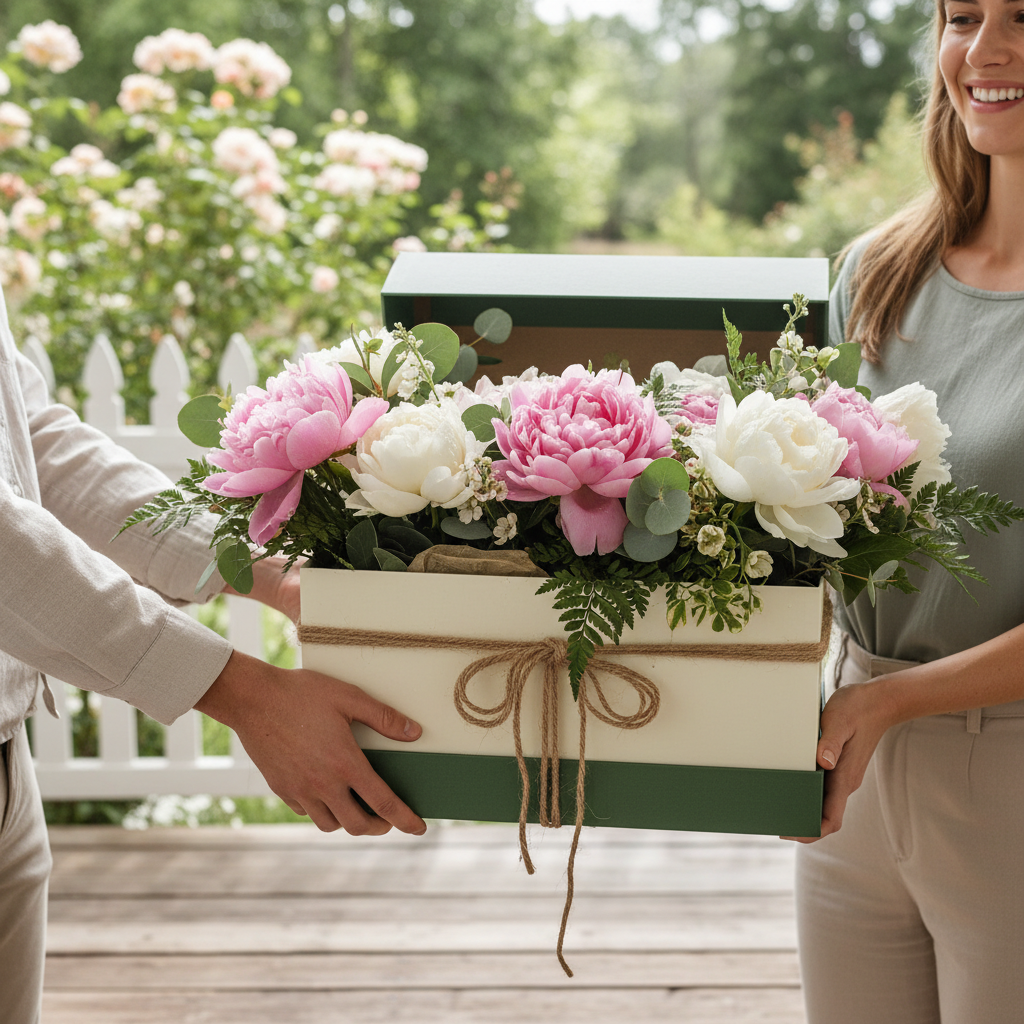 Monthly flower subscription box with fresh peonies and greenery