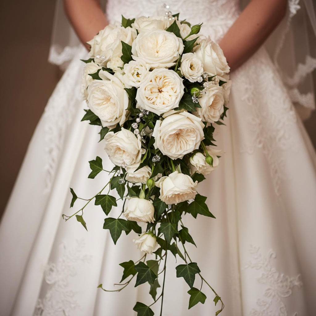 Bride holding a lush cascading bouquet of white garden roses