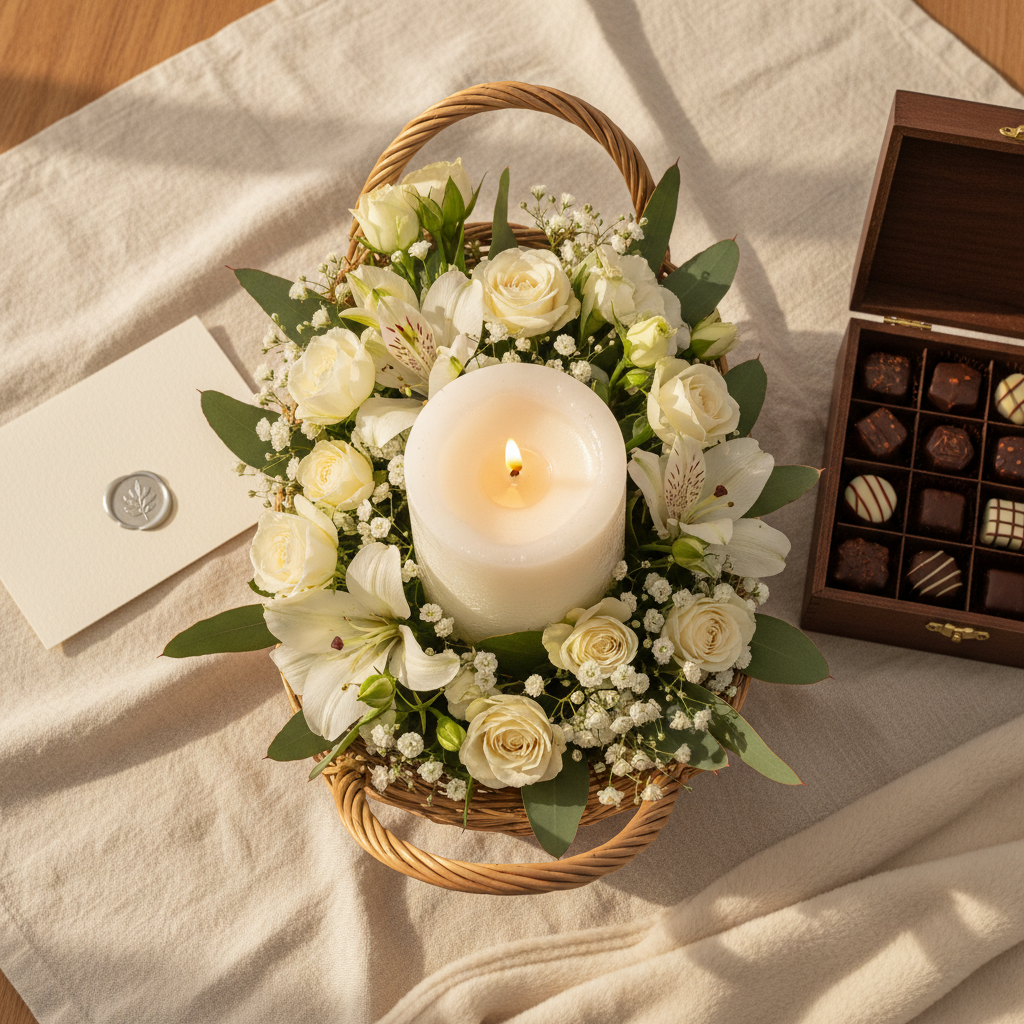 Elegant sympathy gift basket with white candle, flowers and chocolates