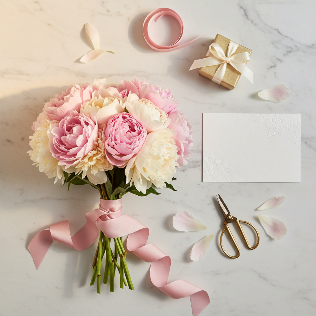 Mother's Day gift flat lay with peony bouquet, card and ribbon on white marble