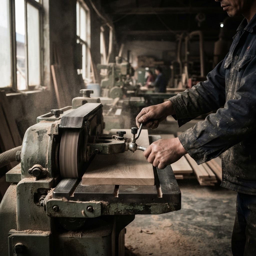 Close-up of a worker sanding a wooden table surface in the SA Möbler factory.