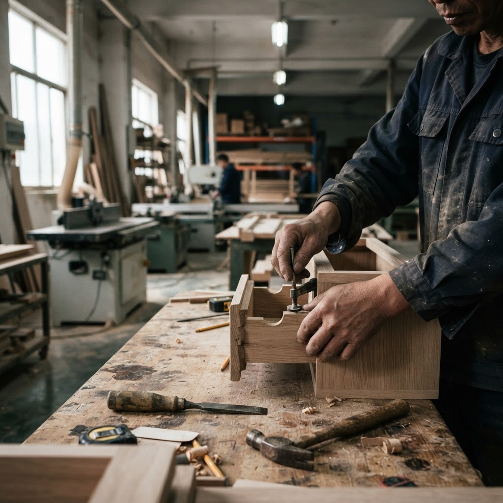 Close-up of hands working on furniture in a workshop