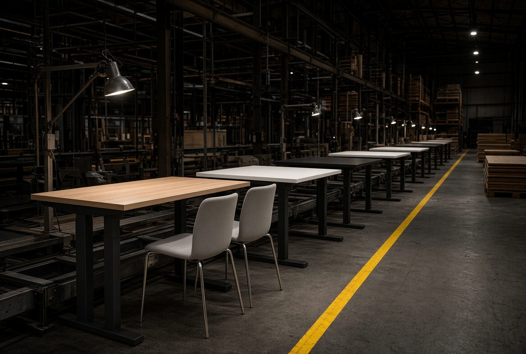 Furniture factory interior with a yellow safety line on the floor