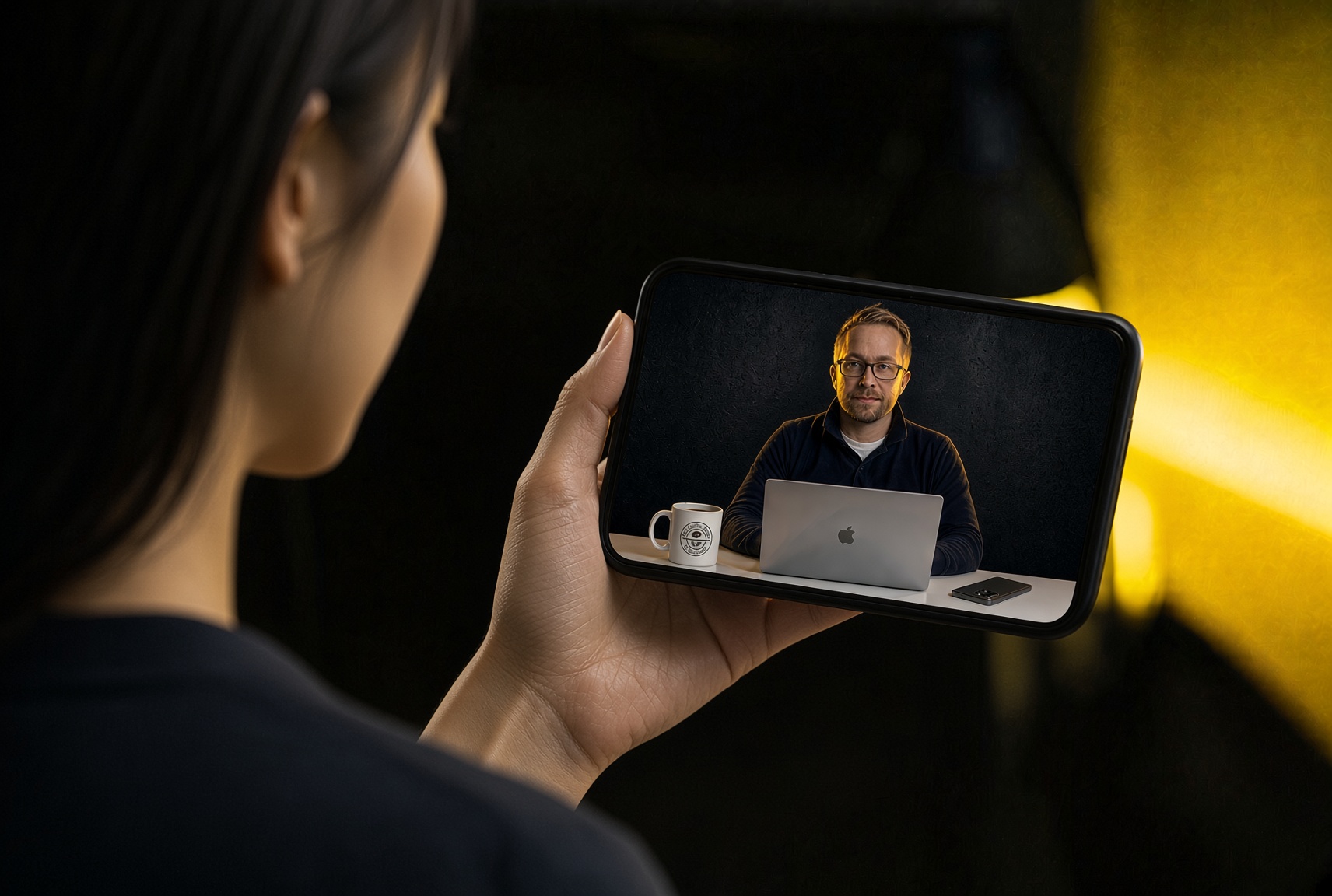 A hand holding a phone playing a business video, filmed at a desk