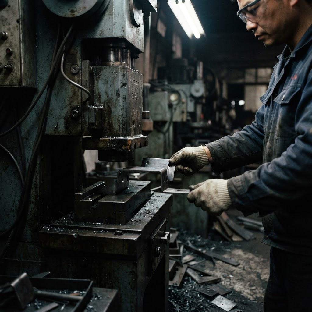 Close-up of industrial machinery and manufacturing components in a factory setting.