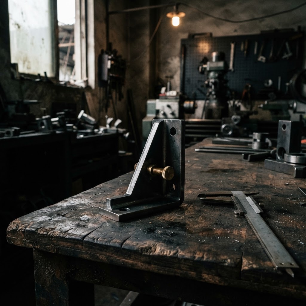 Metal calipers resting beside a custom industrial furniture component on a workshop bench.