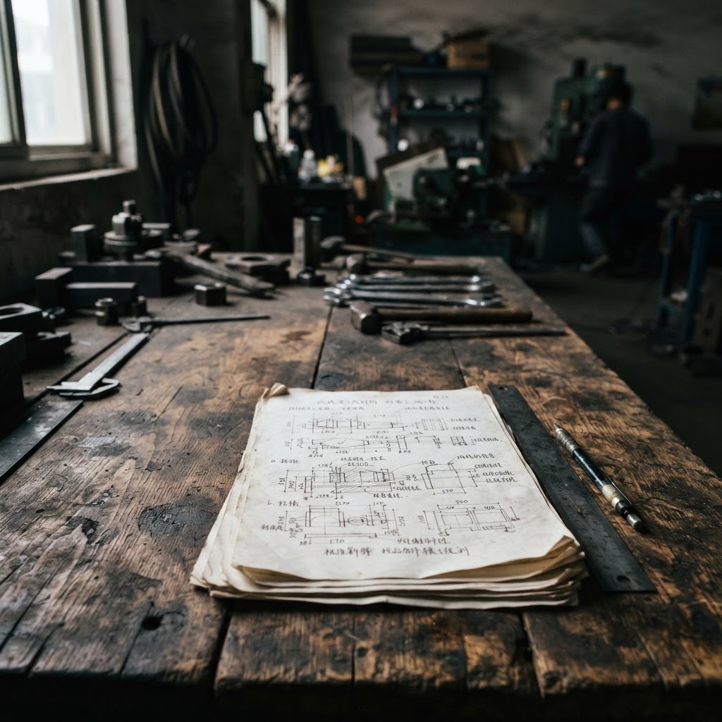 Close-up view of wooden meeting table surface with production documents placed on top.