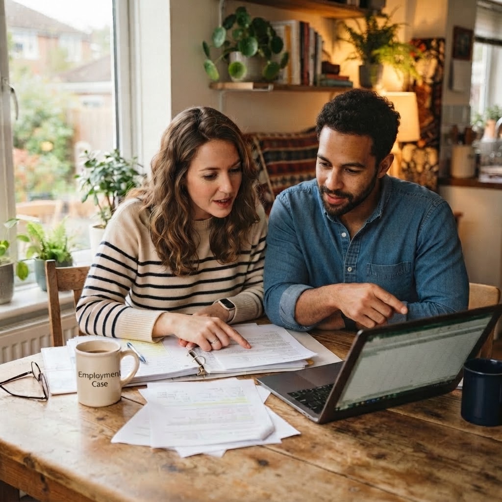 Two people reviewing documents together at a table