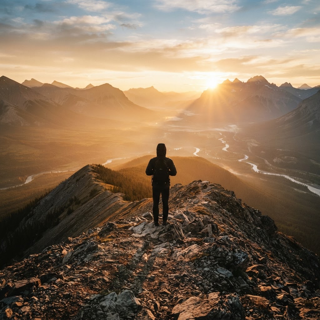 Persona en la montaña al amanecer durante un proceso de integración