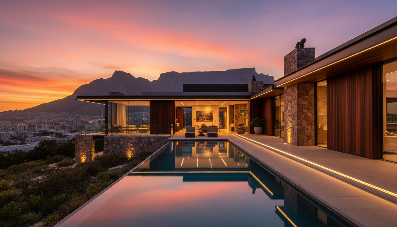 Luxury Cape Town villa with smart home automation at dusk