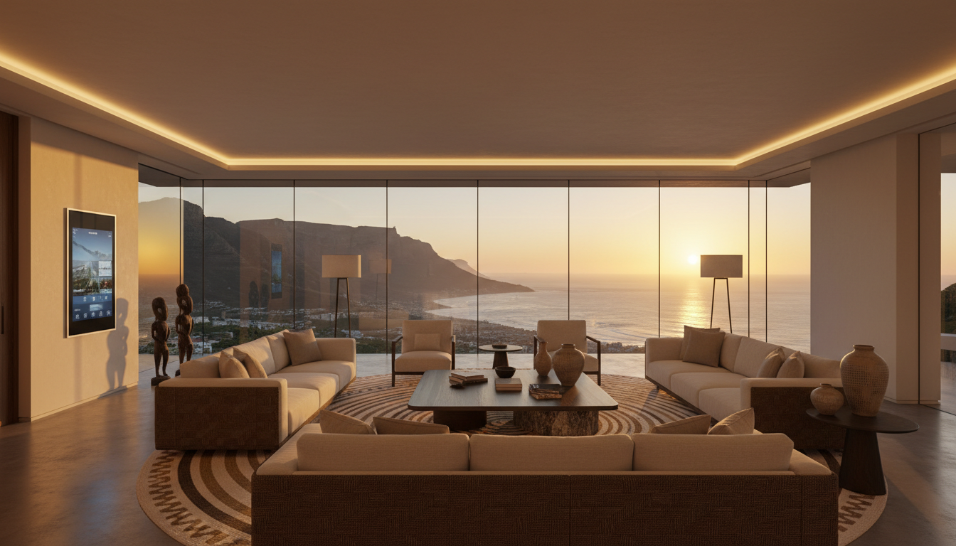 Luxury smart home living room in Cape Town with Table Mountain view