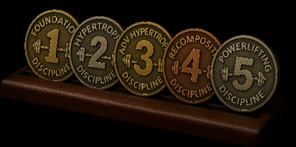 Sciple Forge coins — backs: Foundation, Hypertrophy, Advanced Hypertrophy, Recomposition, Powerlifting