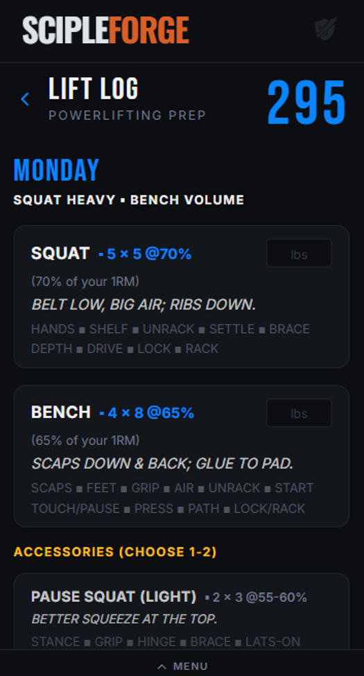 ScipleForge Lift Log — Powerlifting Prep, Squat Heavy & Bench Volume, day 295
