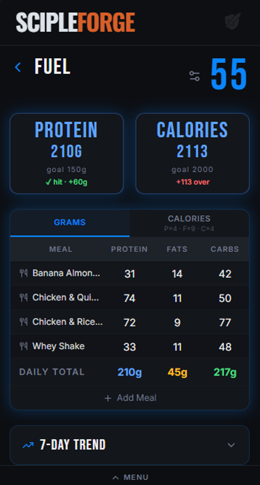 ScipleForge Fuel — macros tracker with protein, calories, and meal breakdown