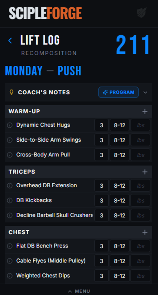 ScipleForge Lift Log — Recomposition, Monday Push, day 211