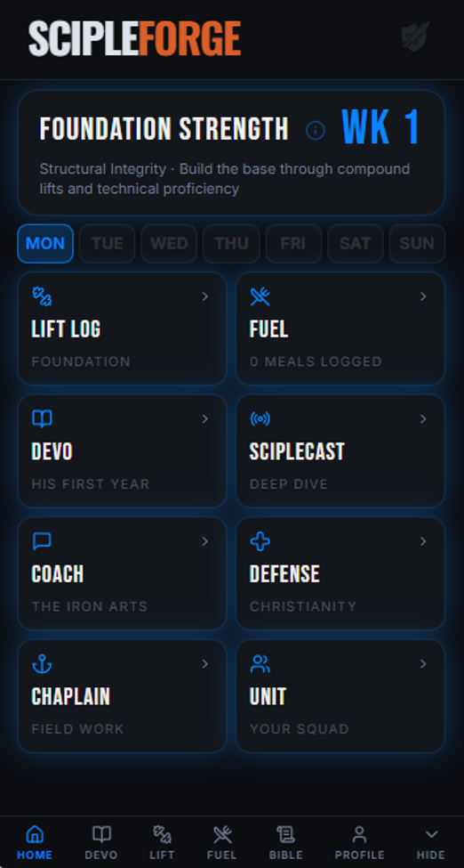 ScipleForge Foundation Strength phase dashboard — Week 1