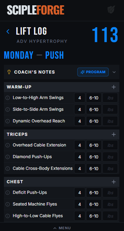ScipleForge Lift Log — Advanced Hypertrophy, Monday Push, day 113