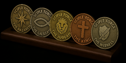 Sciple Forge coins — fronts: The Nazarene, The Galilean, The Judean, The King, The Witness