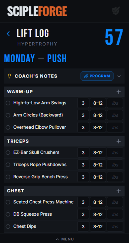 ScipleForge Lift Log — Hypertrophy, Monday Push, day 57
