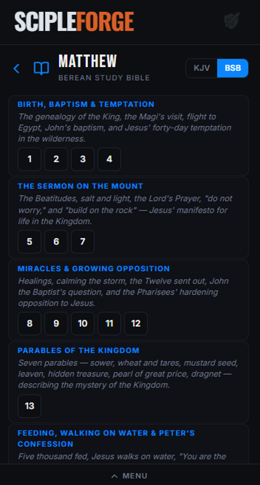 ScipleForge Bible — Matthew book outline with chapter sections