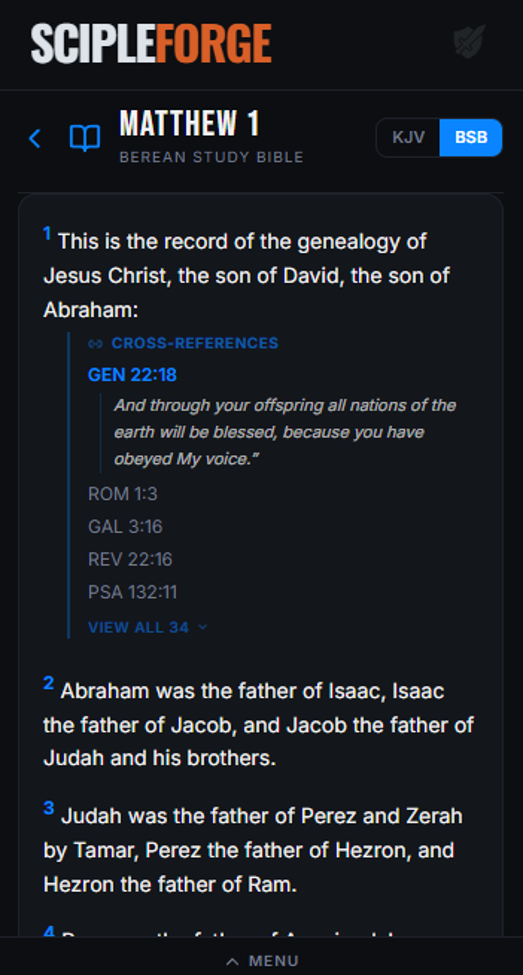 ScipleForge Bible reader — Matthew 1 with cross-references