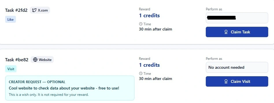 Task list interface showing individual task cards with action types, reward amounts, time limits, and claim buttons