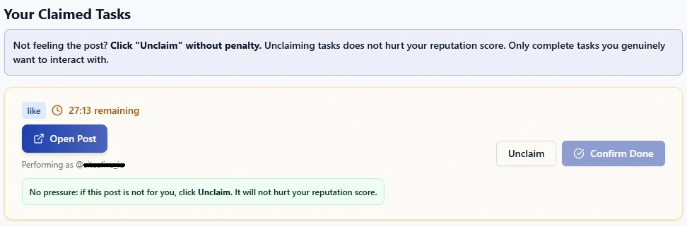 Example of claiming a task and unclaiming without penalty