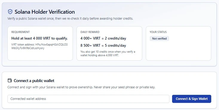 Solana holder verification settings showing the 4,000 VIRT and 8,500 VIRT daily credit reward tiers