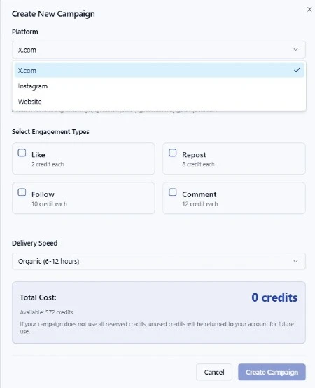 Create New Campaign modal showing platform selection, engagement types, delivery speed, and cost calculation