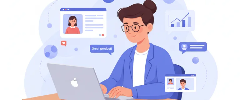 Illustration of a small business owner planning social media posts and tracking growth signals