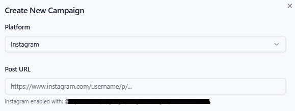 Instagram campaign creation modal showing platform selection and post URL input fields