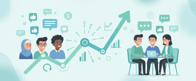 Illustration of customers and a business team connected through social media conversations
