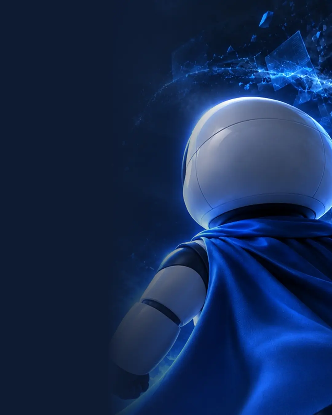 Tobi, a Vistobi robot, köpenyben néz egy kék adatvizualizációs térre