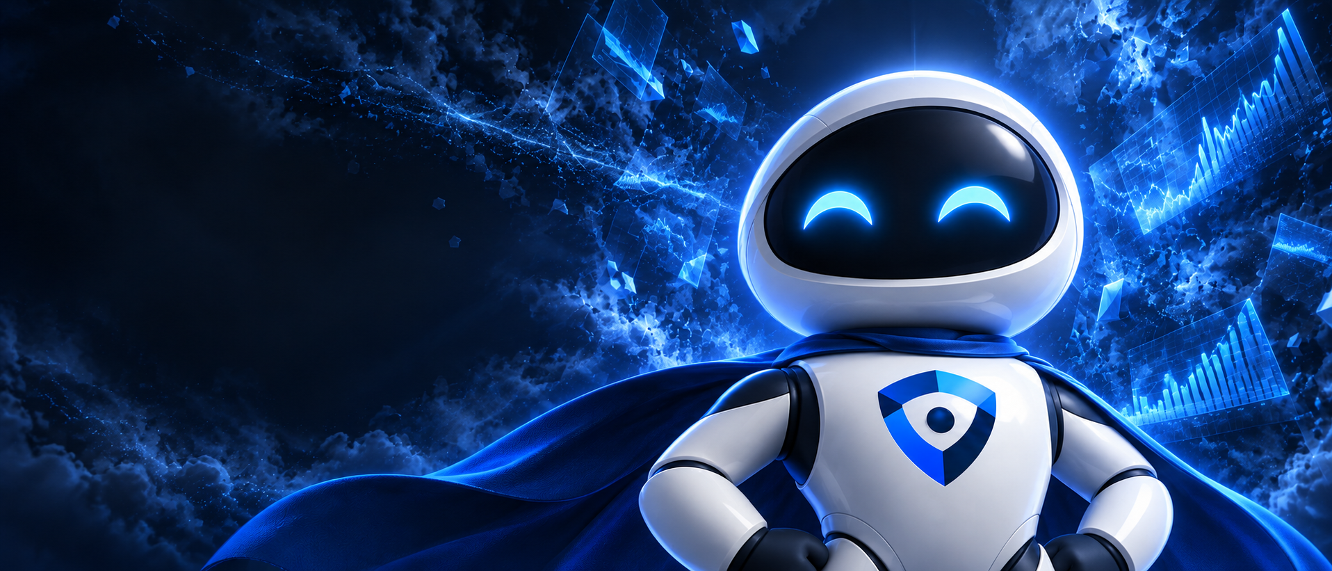 Tobi, the Vistobi robot in a blue cape, in front of a data visualisation
