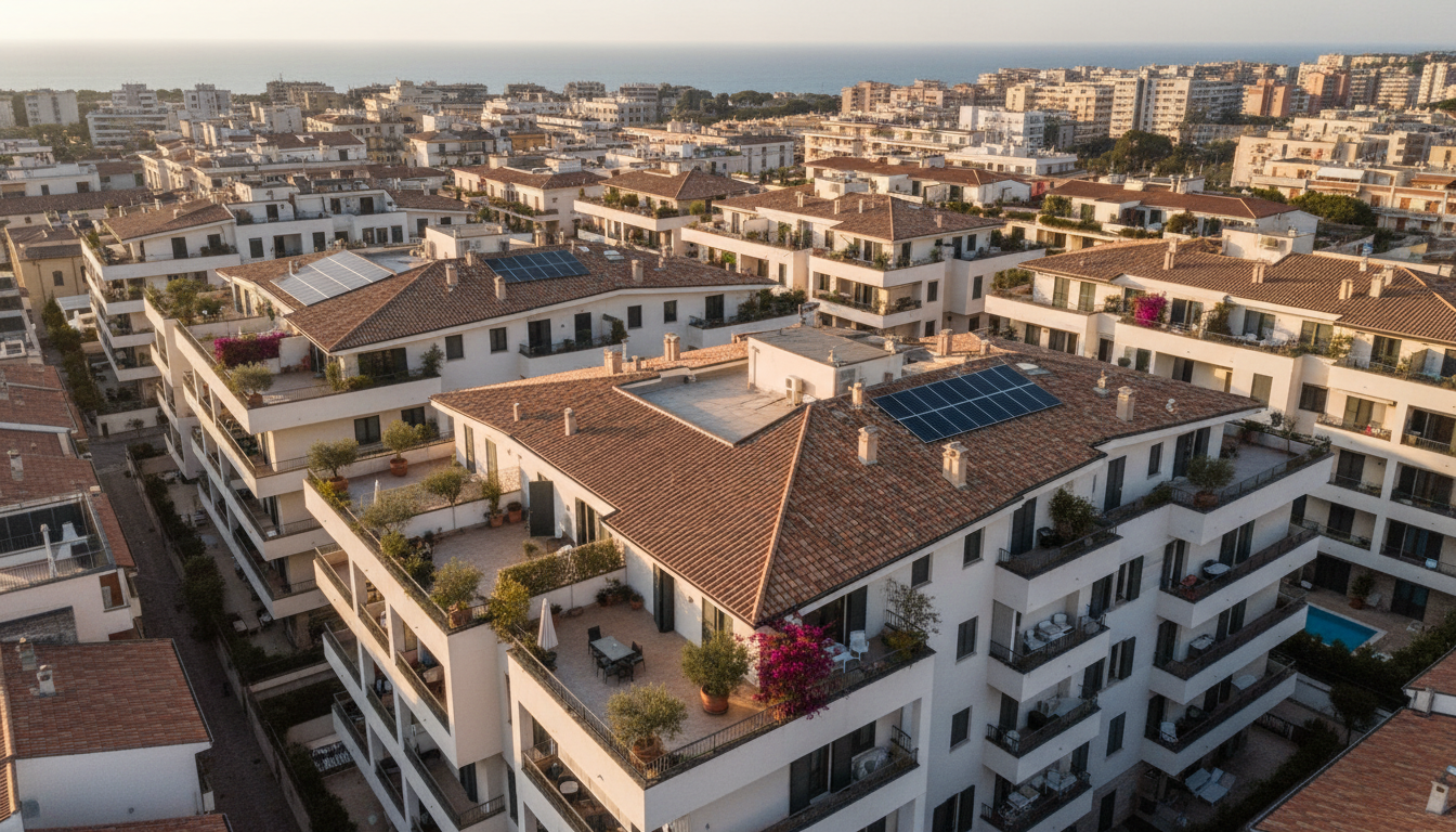 Vista aerea di tetti condominiali con il mare di Bari sullo sfondo