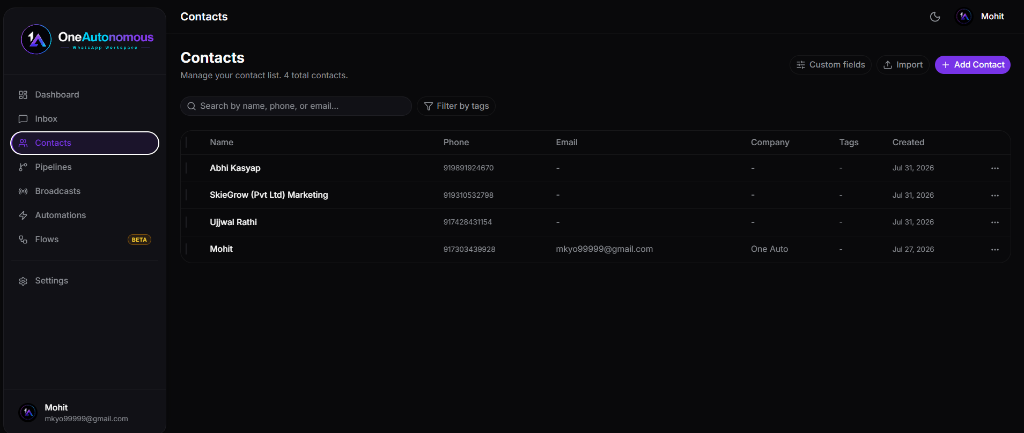 OneAutonomous CRM Contacts Management — searchable contact list with phone, email, company and tags