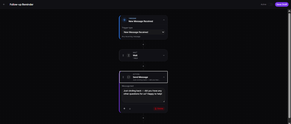 OneAutonomous CRM Automation Builder — follow-up reminder flow with trigger, wait and send message steps
