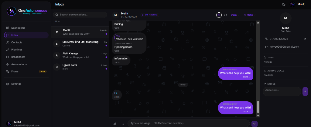 OneAutonomous CRM Shared Team Inbox — multiple agents on one WhatsApp number with chat history and contact details