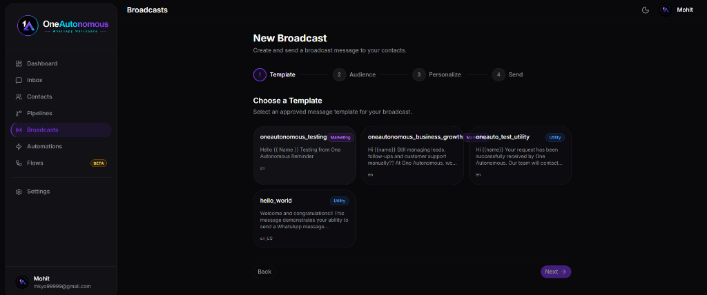 OneAutonomous CRM Bulk WhatsApp Campaigns — broadcast creator with approved message templates