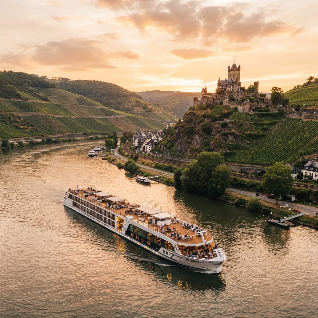 Luxury river cruise ship on the Rhine at sunset with a castle in the background