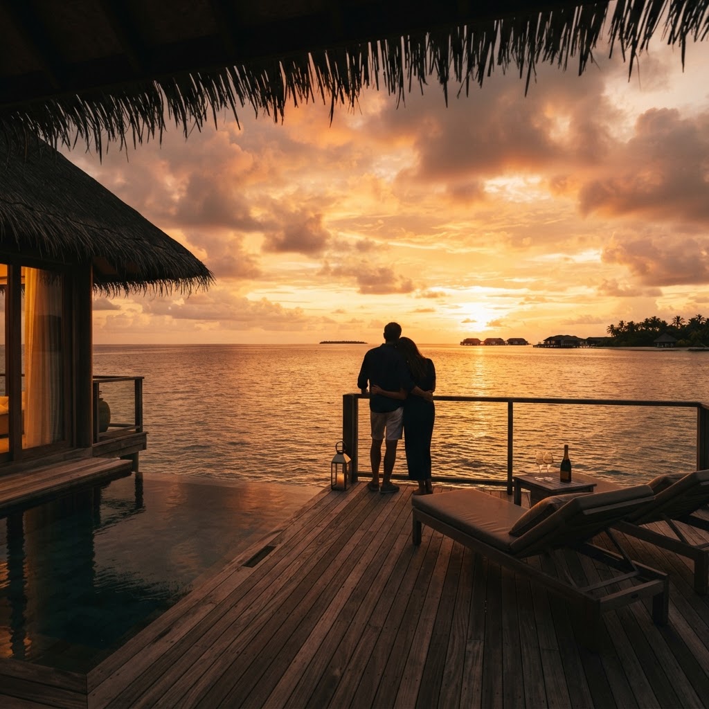 Couple watching the sunset from a private overwater villa