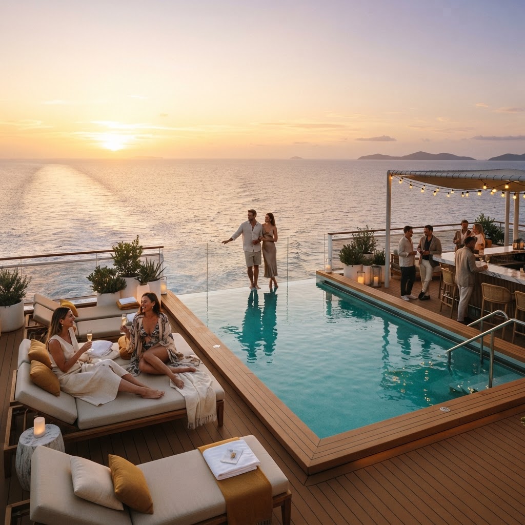 Luxury cruise ship deck at golden hour