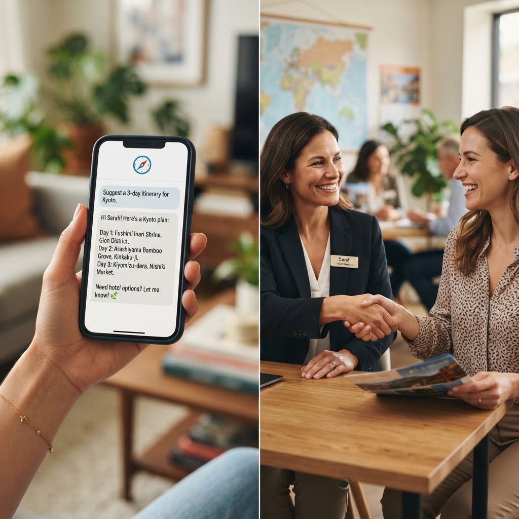 AI chat interface next to a warm human handshake between advisor and client