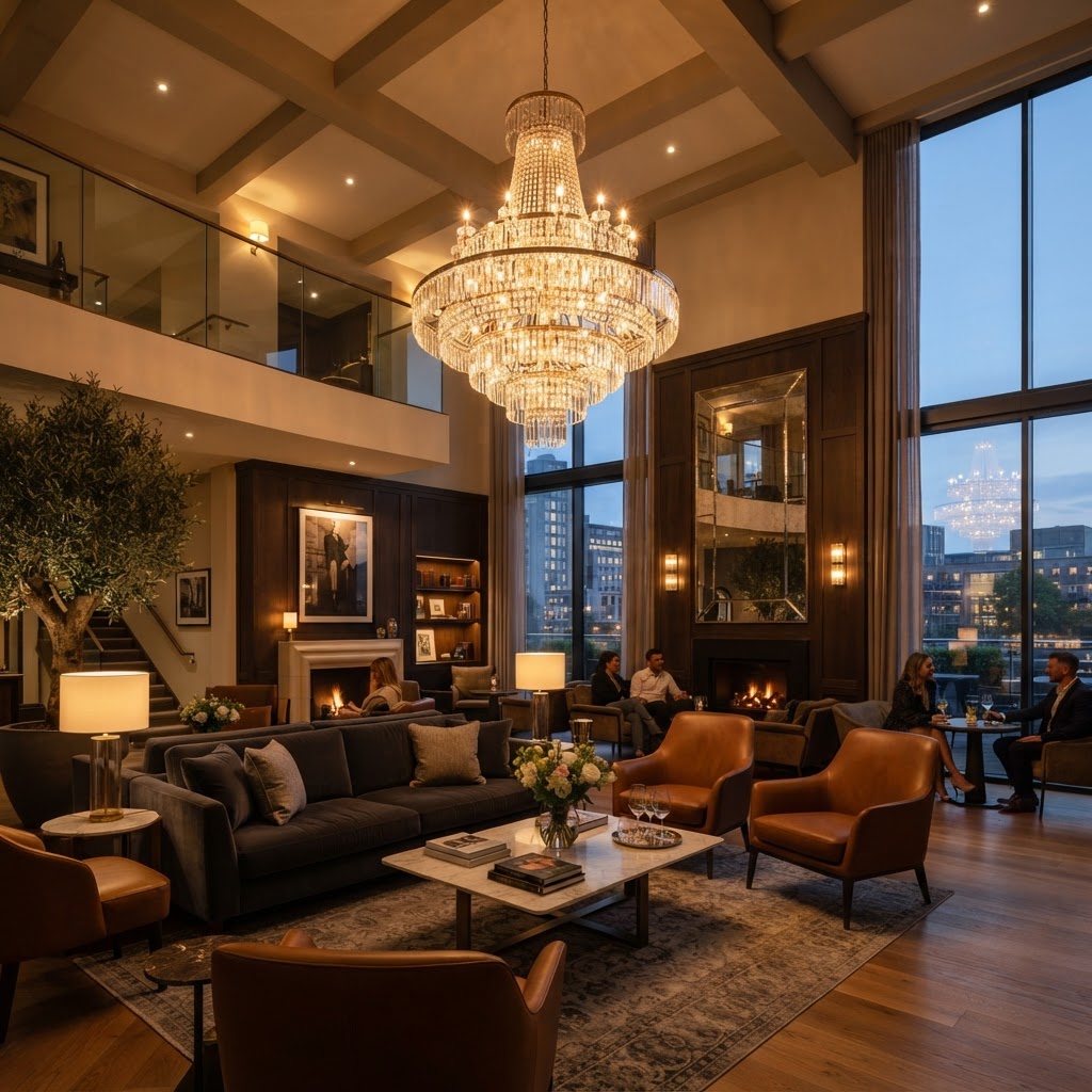 Double-volume lounge chandelier install