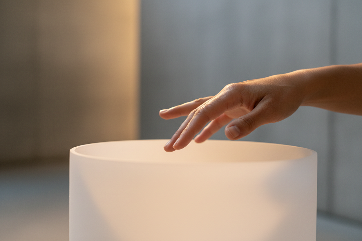Practitioner's hands over crystal singing bowl