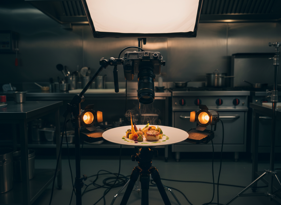 Professional food photography setup with plated dish