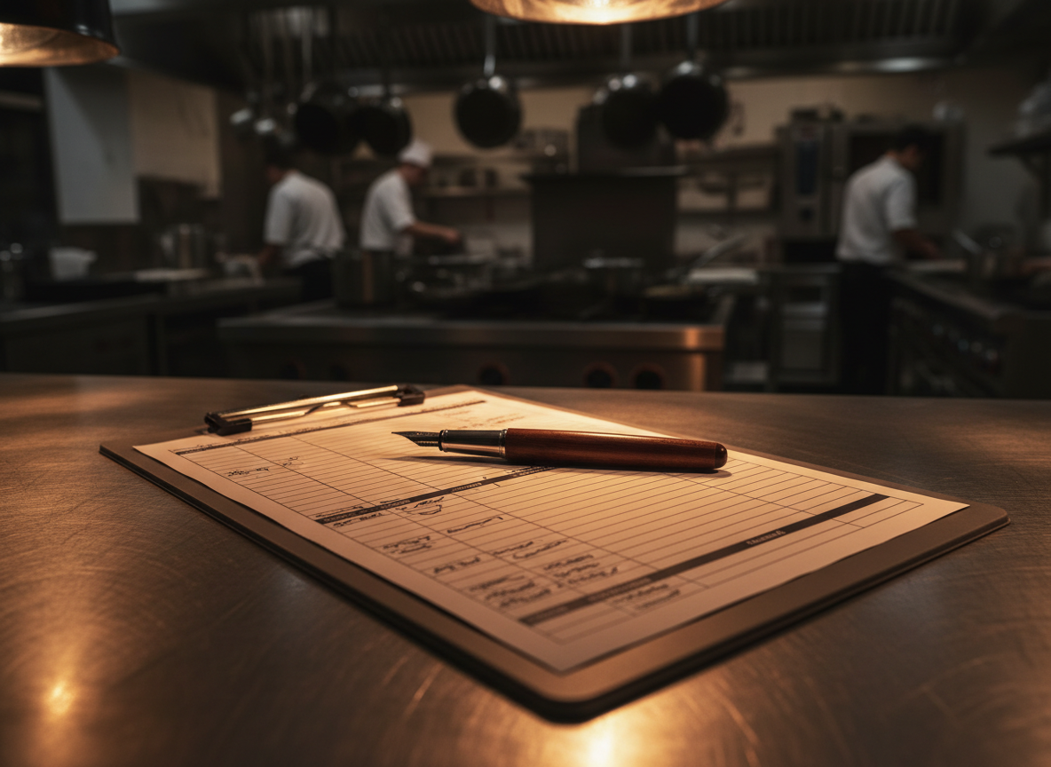Organized clipboard with restaurant operations checklist on stainless steel counter
