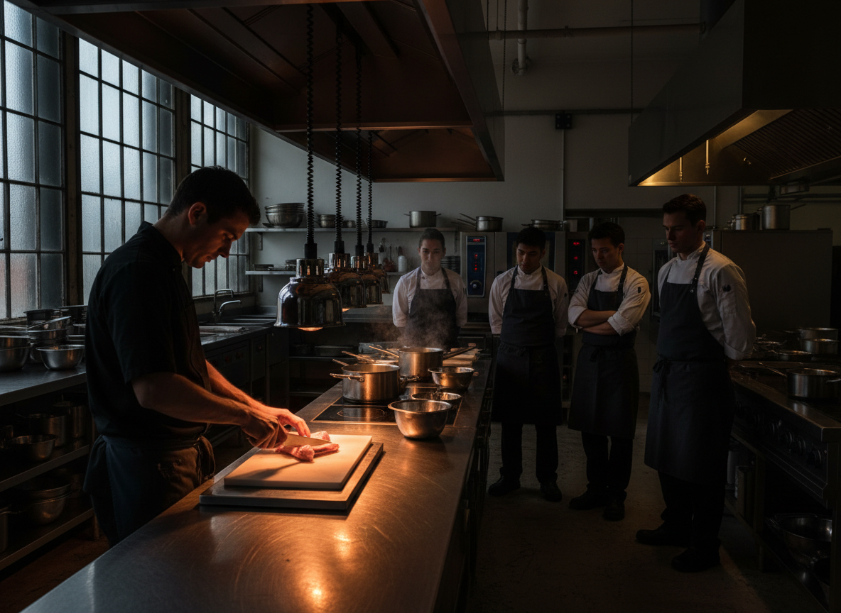 Professional restaurant staff training session in modern industrial kitchen