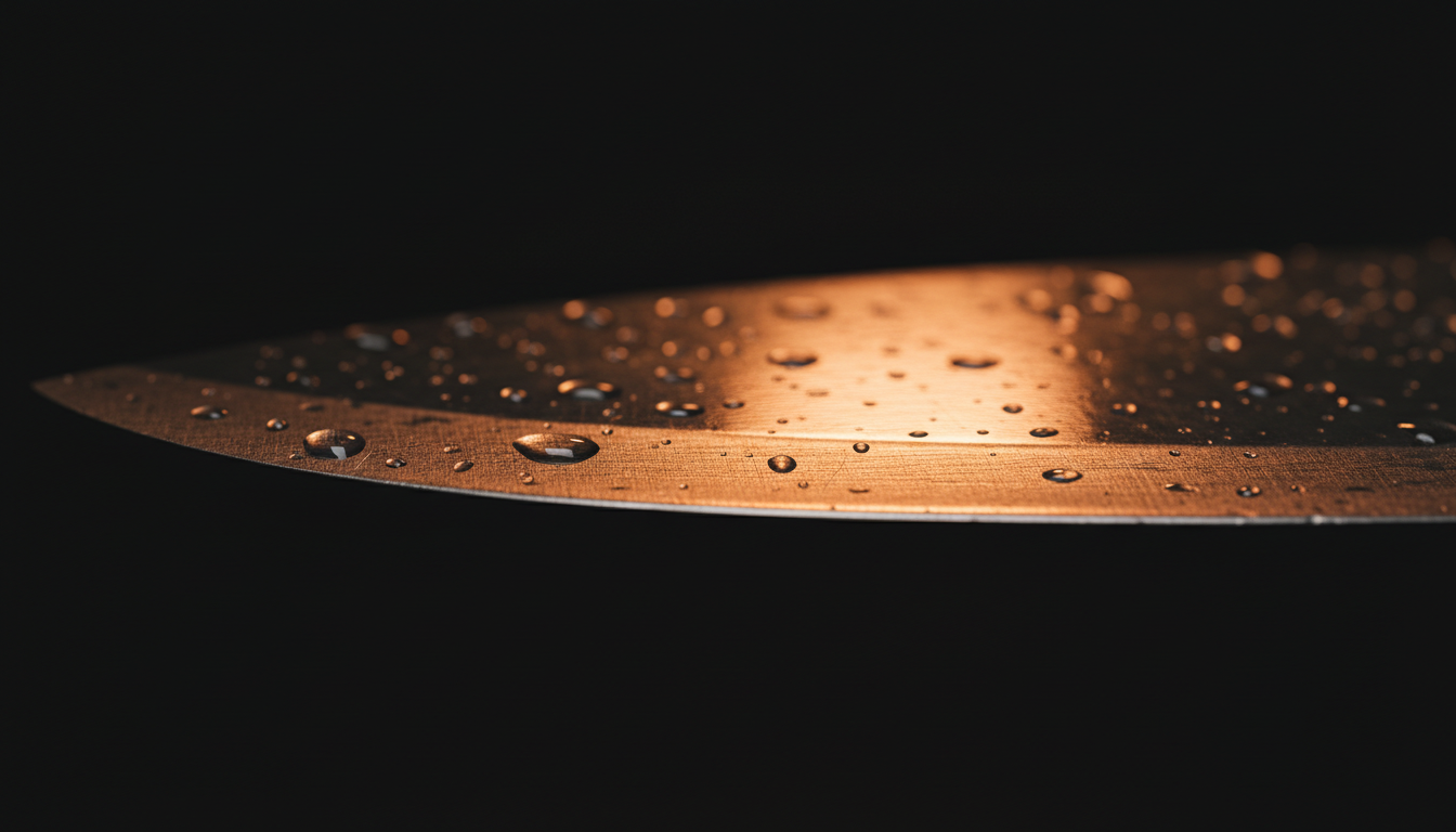 Extreme close-up of polished chef knife with amber reflections