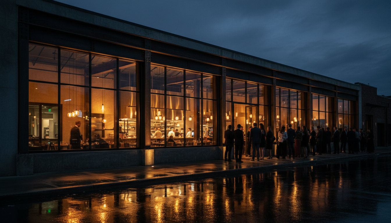 Grand opening night of an upscale restaurant with warm golden light